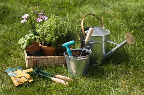 Professional garden maintenance in New Southgate with safety measures in place